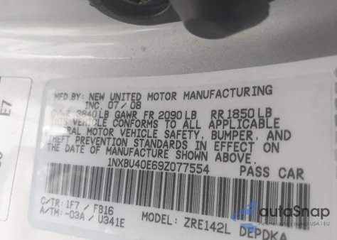 2009 Toyota Corolla Le z USA, uszkodzony, nr VIN 1NXBU40E69Z077554